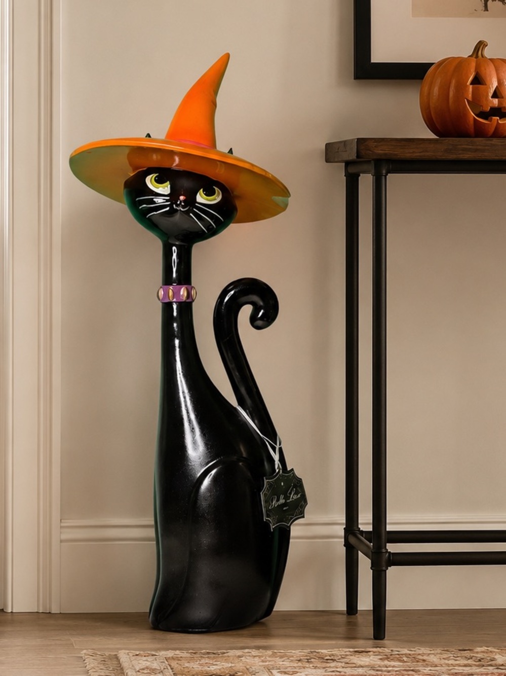 Bella Lux 24" Black Cat Orange Witch Hat Retro Halloween Decor Figurine Viral